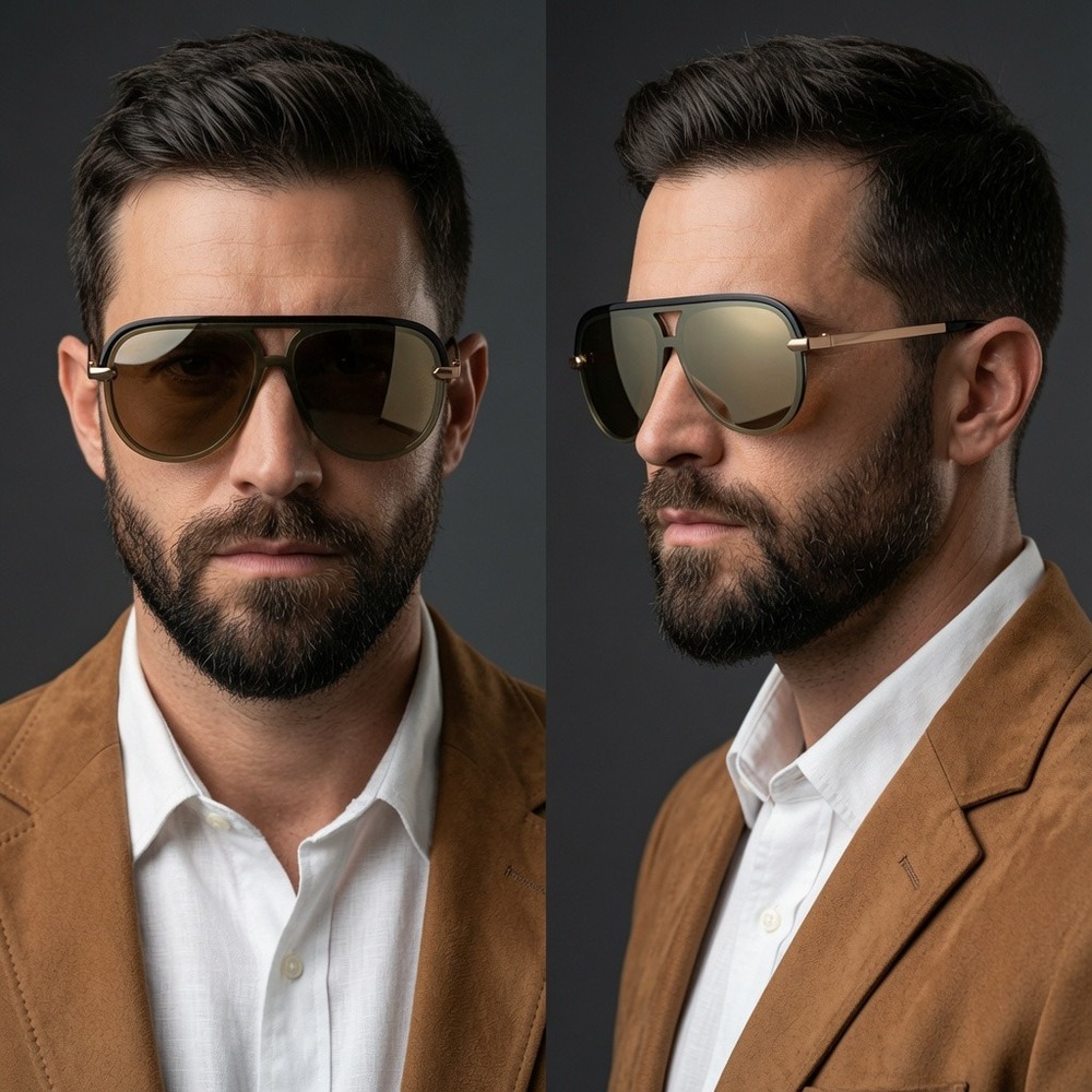 Mens Sunglasses Gold Flat Top Brown Lens Shield Eyewear, Luxury Sleek Modern New